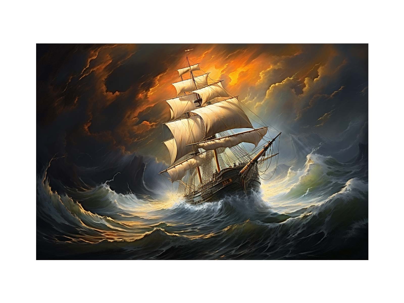 Sailing ship in rough seas with dramatic sky