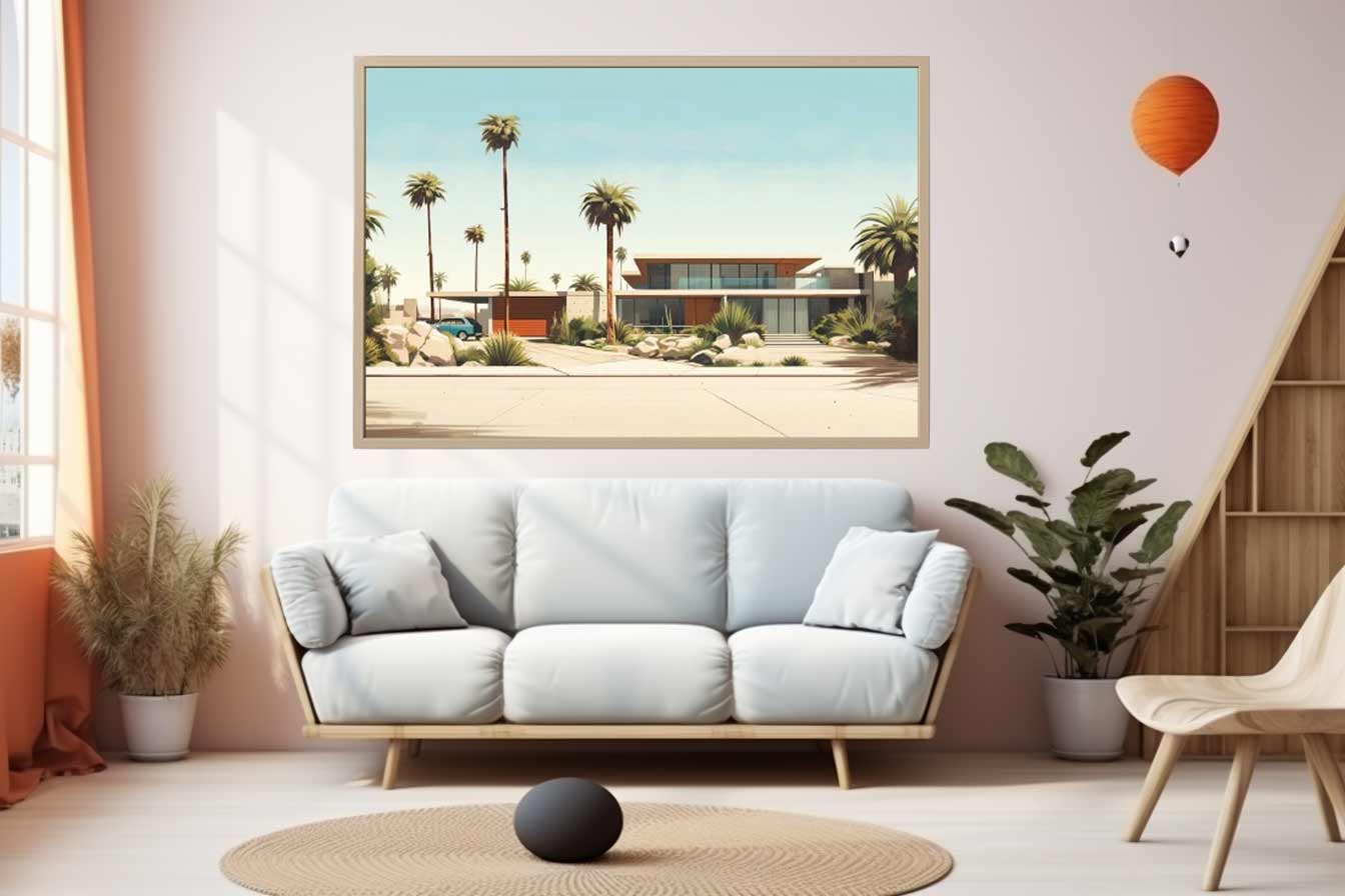 Modern living room with a light gray sofa, framed artwork of a desert scene, and decorative plants.