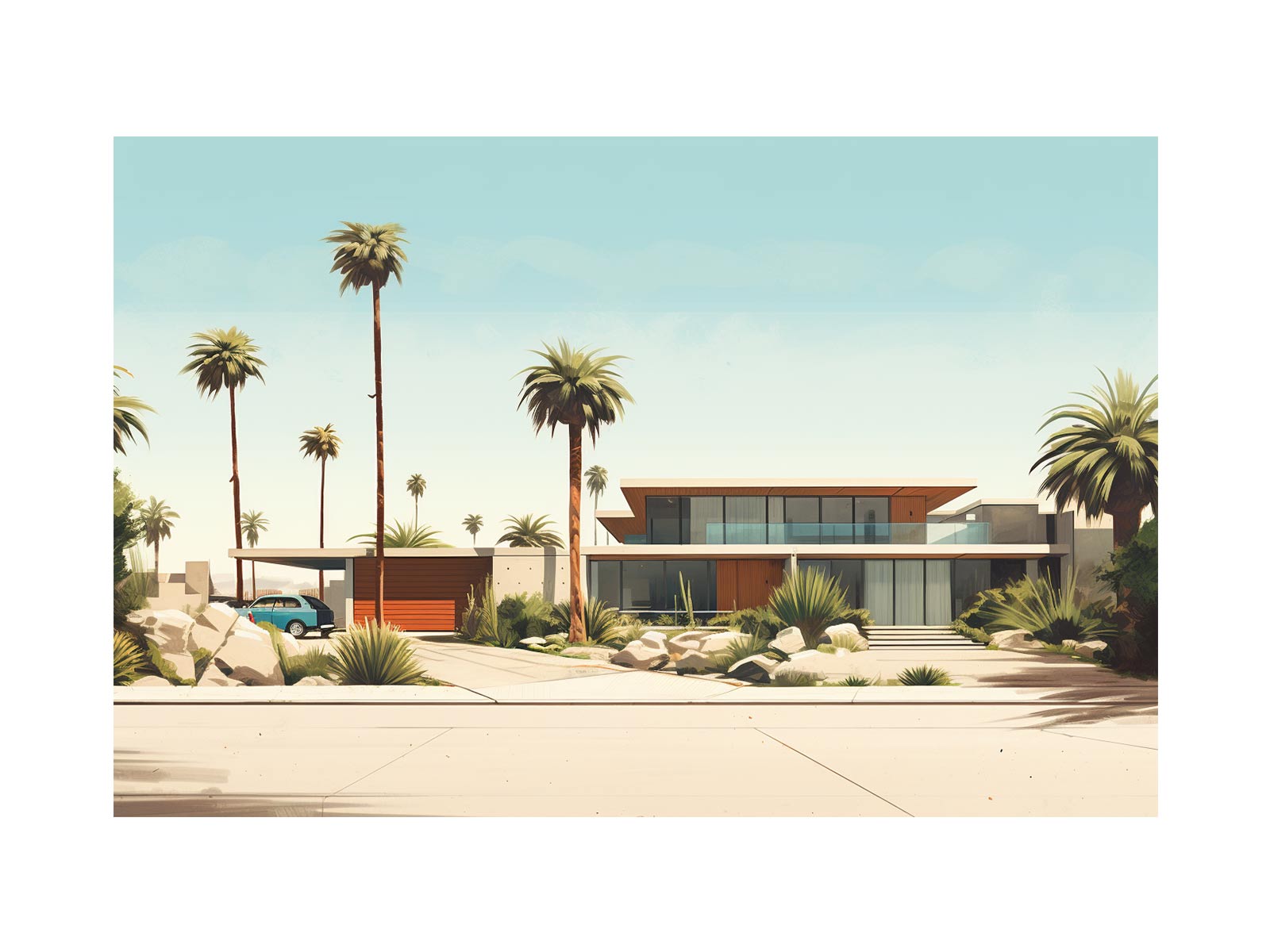 Modern house with palm trees in a desert landscape