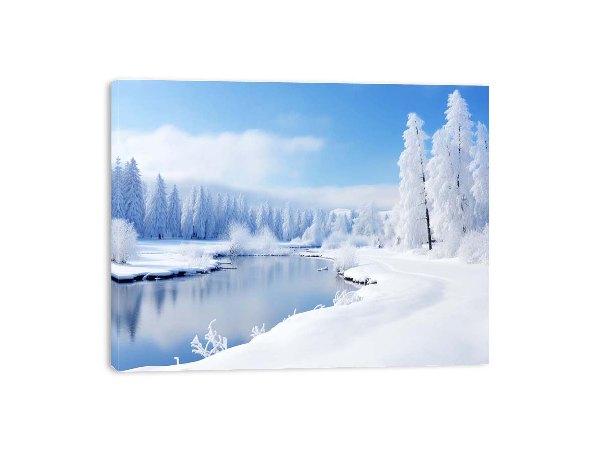 Winter landscape with snow-covered trees and a lake