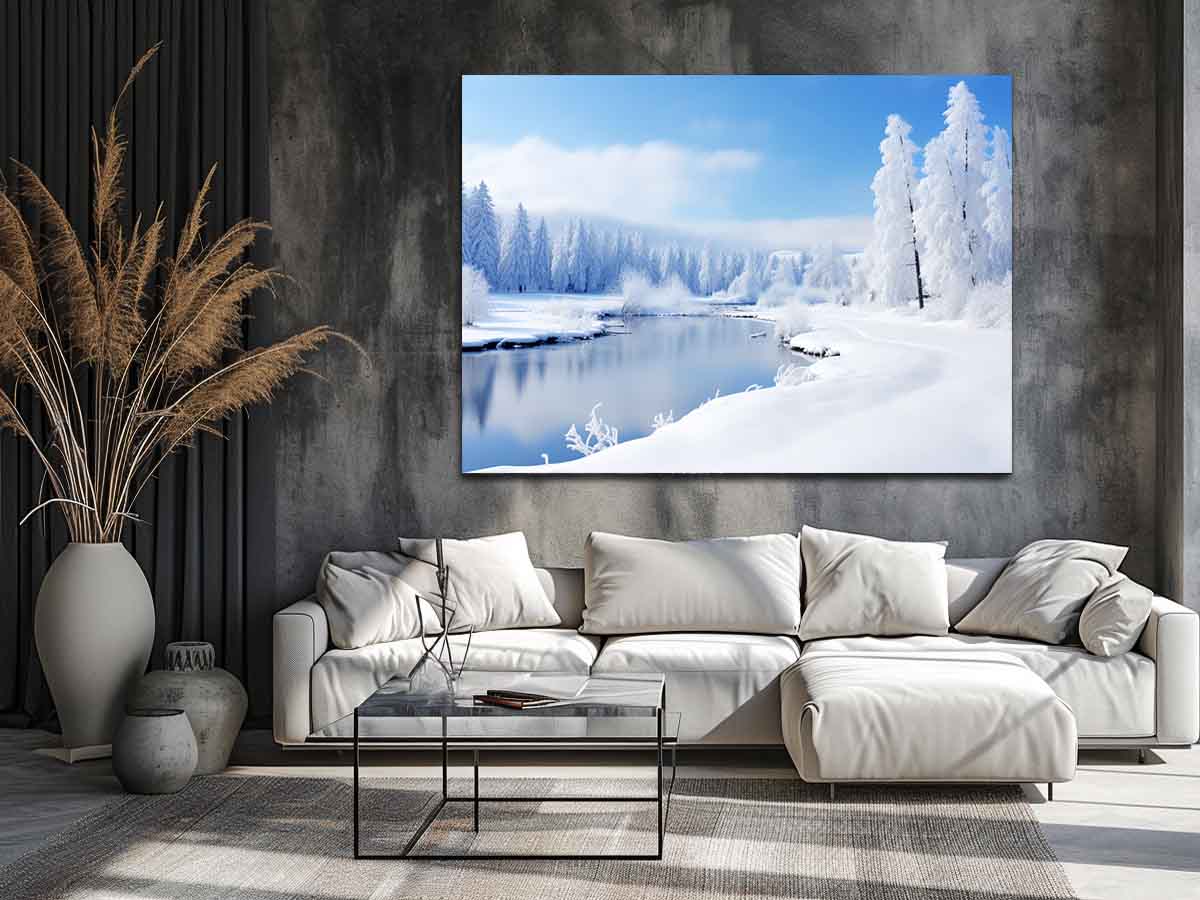 Living room with a large snowy landscape painting on the wall above a white sofa.