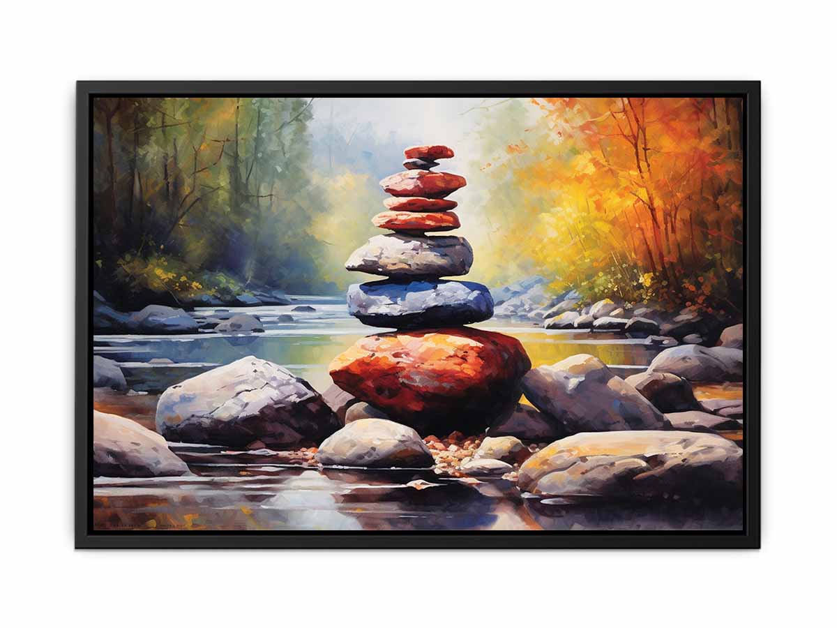 Colorful painting of stacked stones by a stream with a forest background