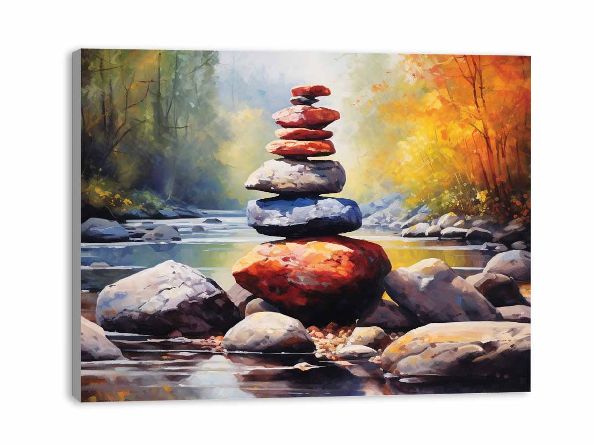 Canvas print of stacked stones by a stream with a forest background