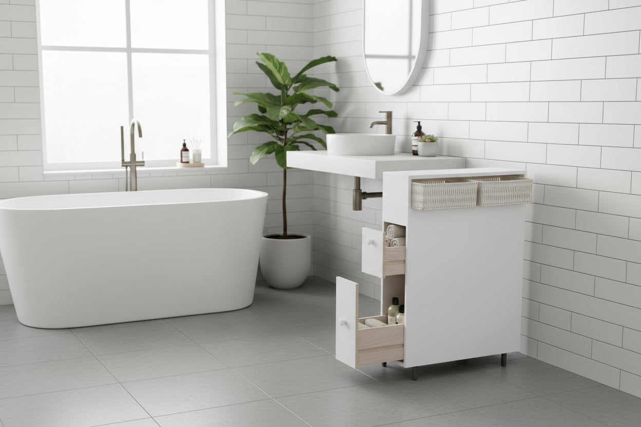 White Bathroom Storage Floor Cabinet with Baskets and Casters-0