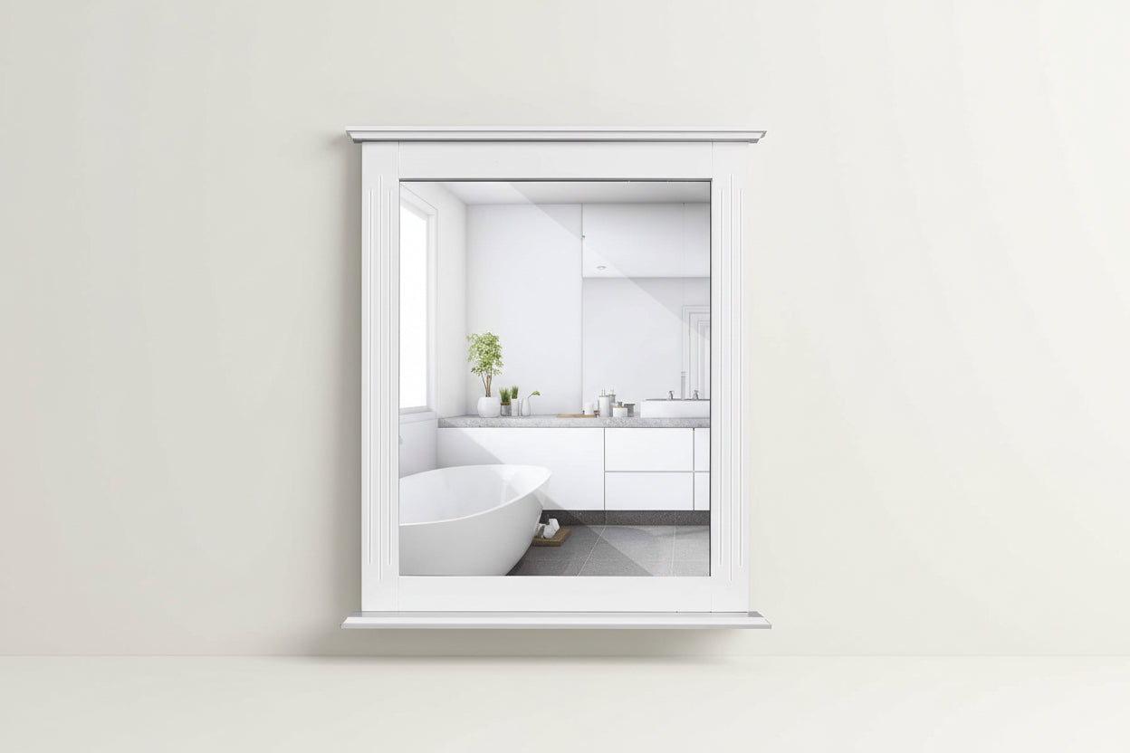 White Rectangle Bedroom Bathroom Vanity Wall Mirror with Bottom Shelf-3