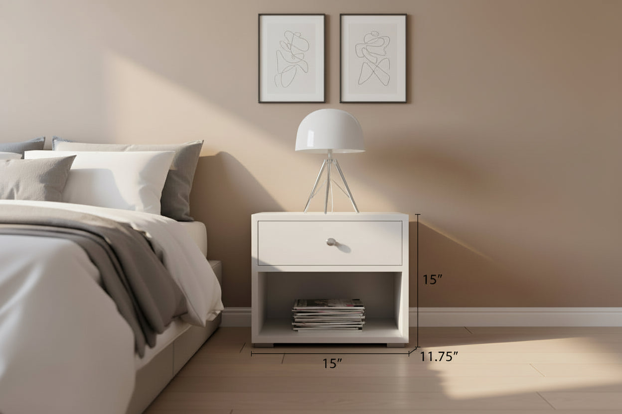 White nightstand with a lamp and books on a white background