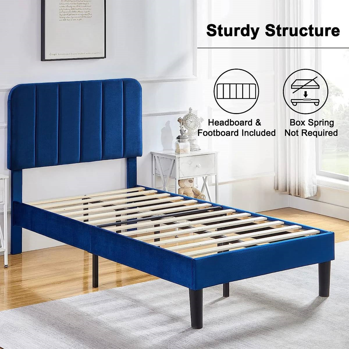 Twin size Blue Upholstered Platform Bed Frame with Headboard-1
