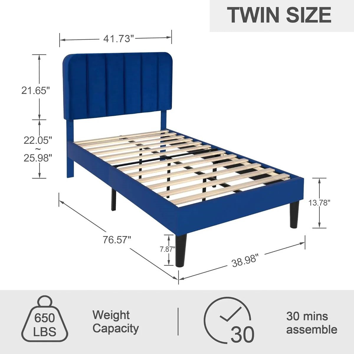 Twin size Blue Upholstered Platform Bed Frame with Headboard-4
