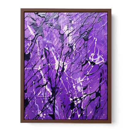 Framed abstract art with purple, black, and white colors on a white background