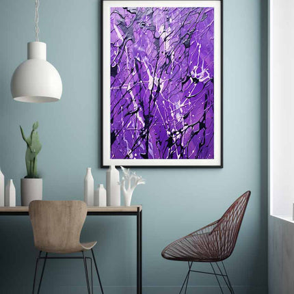 Modern interior with a purple abstract painting on a light blue wall, wooden chair, and white pendant light.