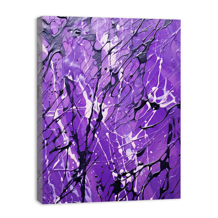 Abstract art painting with purple, black, and white colors on a white background
