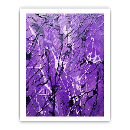 Abstract art print with purple, black, and white colors on a white background