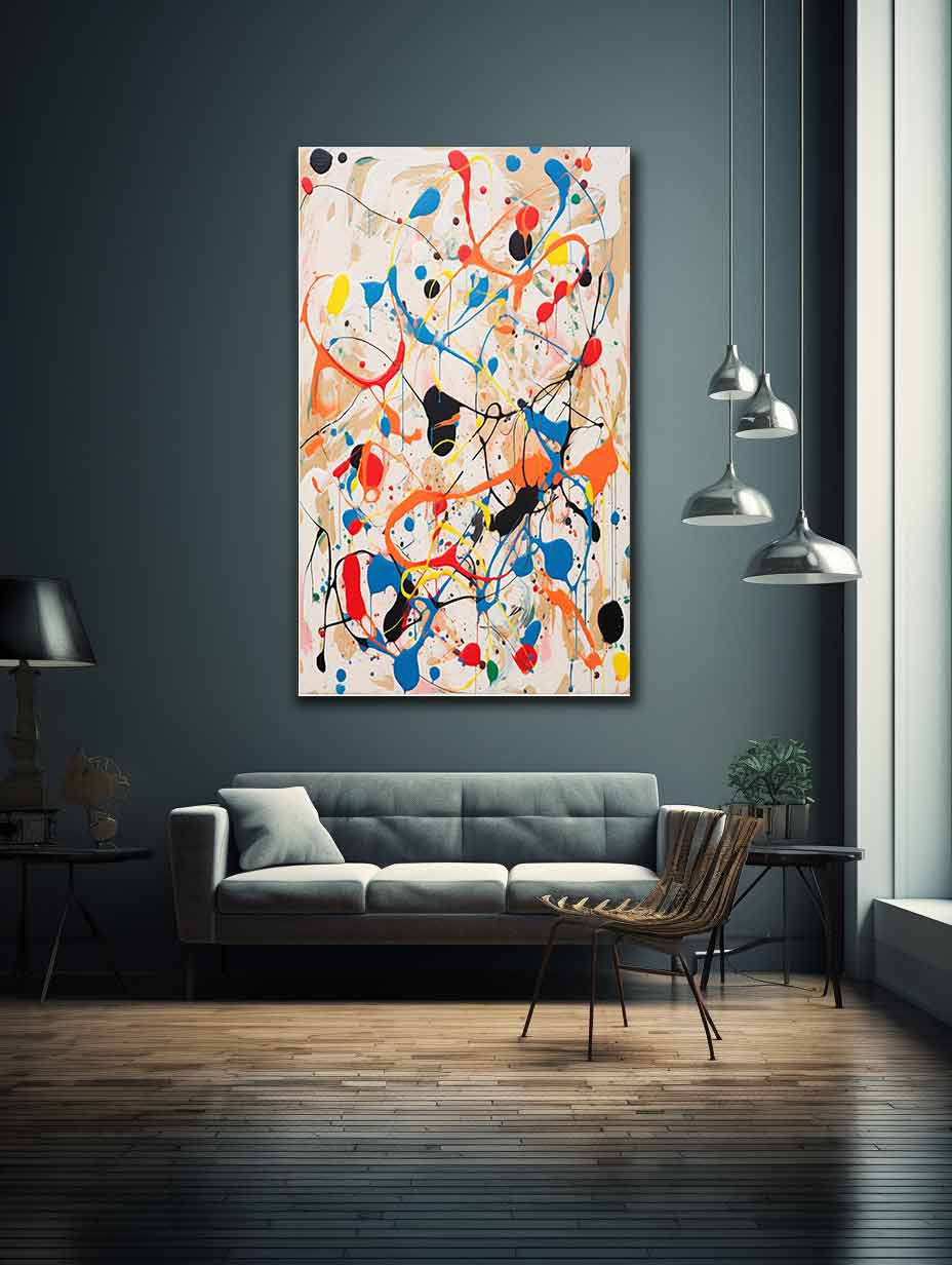 Modern living room with a gray sofa, abstract painting on the wall, and pendant lights.