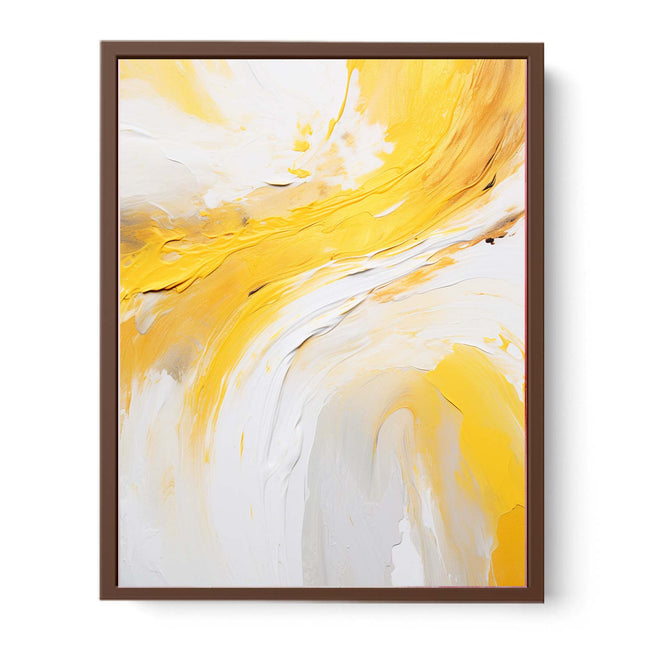 Abstract art print with yellow and white colors in a brown frame on a white background