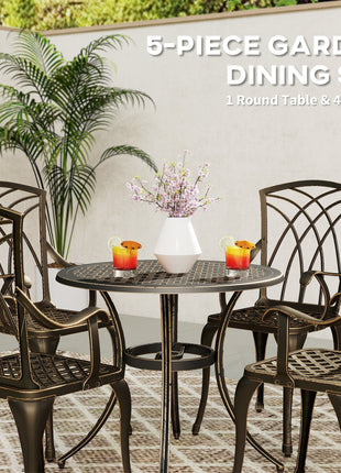 5 Pieces Garden Dining Set for 4, Cast Aluminium Outdoor Dining Set with 4 Armchairs and Round Dining Table with Parasol Hole, Garden Furniture Set, Bronze Tone-3