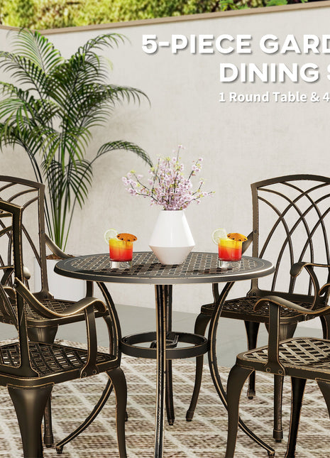 5 Pieces Garden Dining Set for 4, Cast Aluminium Outdoor Dining Set with 4 Armchairs and Round Dining Table with Parasol Hole, Garden Furniture Set, Bronze Tone-3