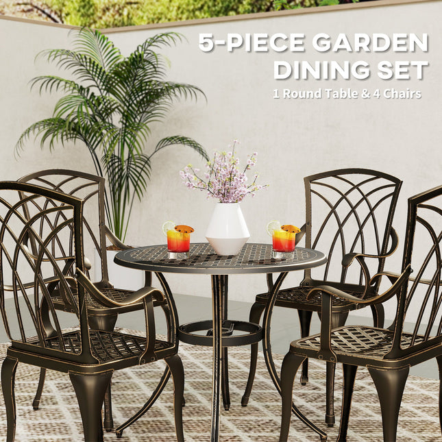 5 Pieces Garden Dining Set for 4, Cast Aluminium Outdoor Dining Set with 4 Armchairs and Round Dining Table with Parasol Hole, Garden Furniture Set, Bronze Tone-3