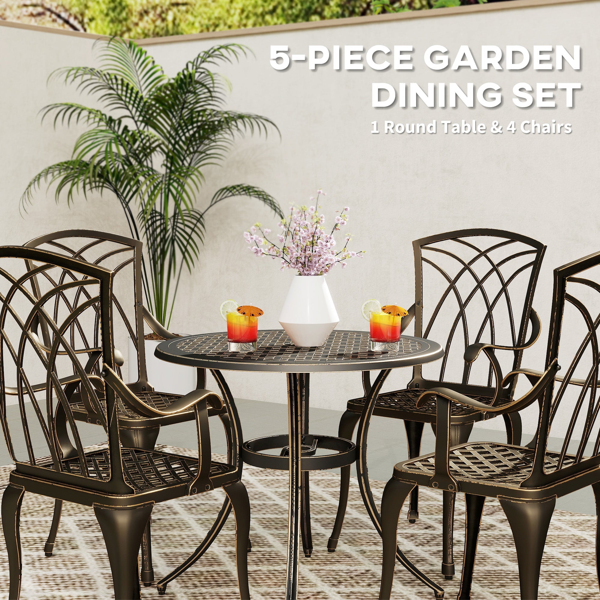 5 Pieces Garden Dining Set for 4, Cast Aluminium Outdoor Dining Set with 4 Armchairs and Round Dining Table with Parasol Hole, Garden Furniture Set, Bronze Tone-3