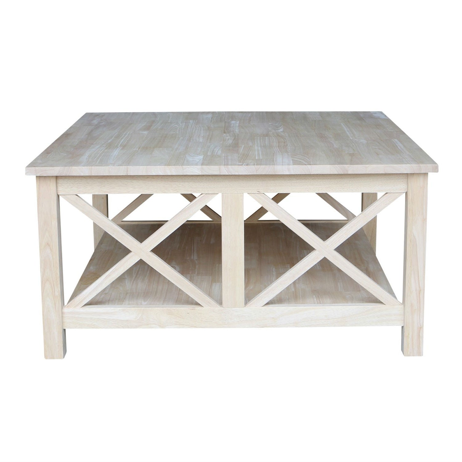 Light wooden coffee table with x-shaped design on a white background