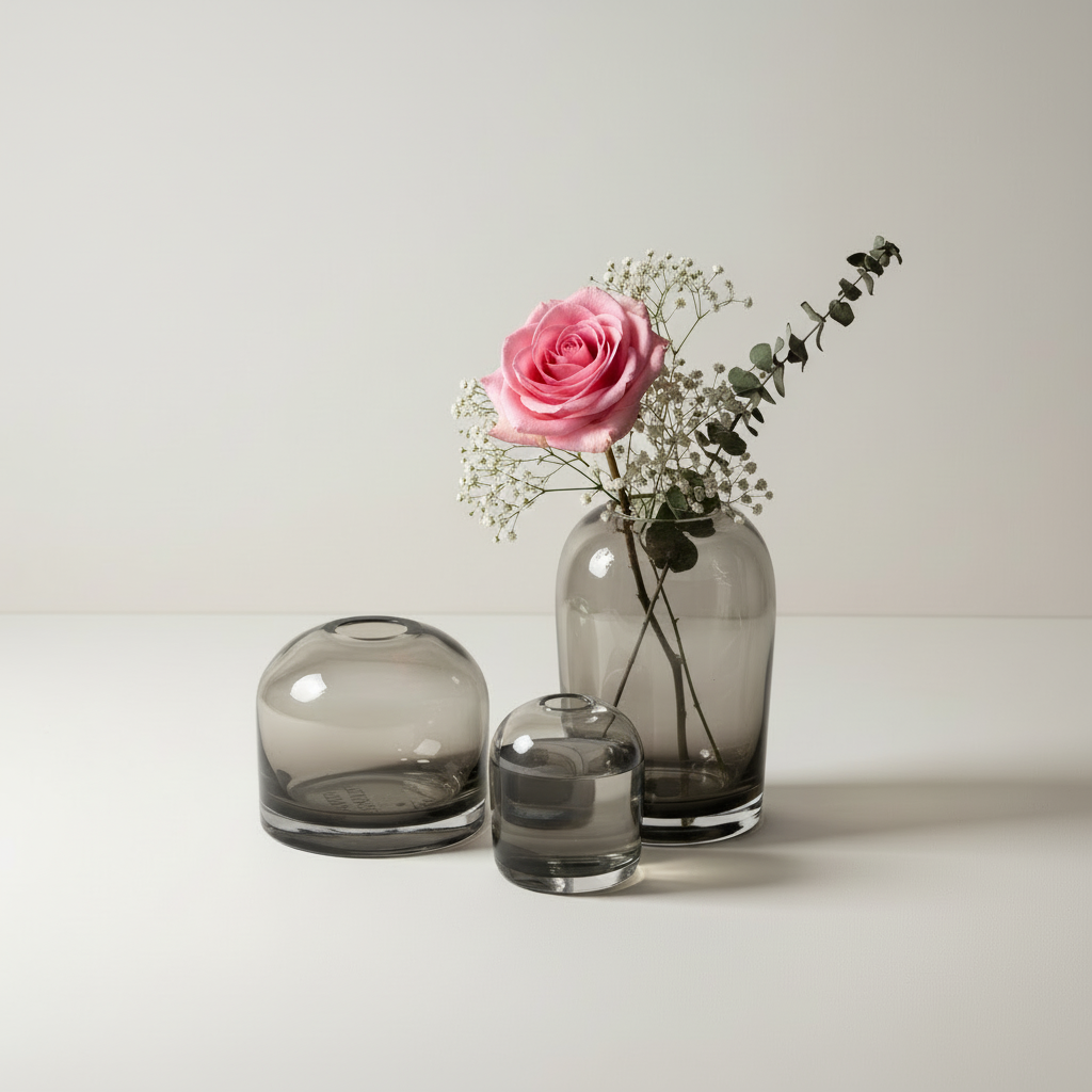 Set of three smoked glass vases with a white background