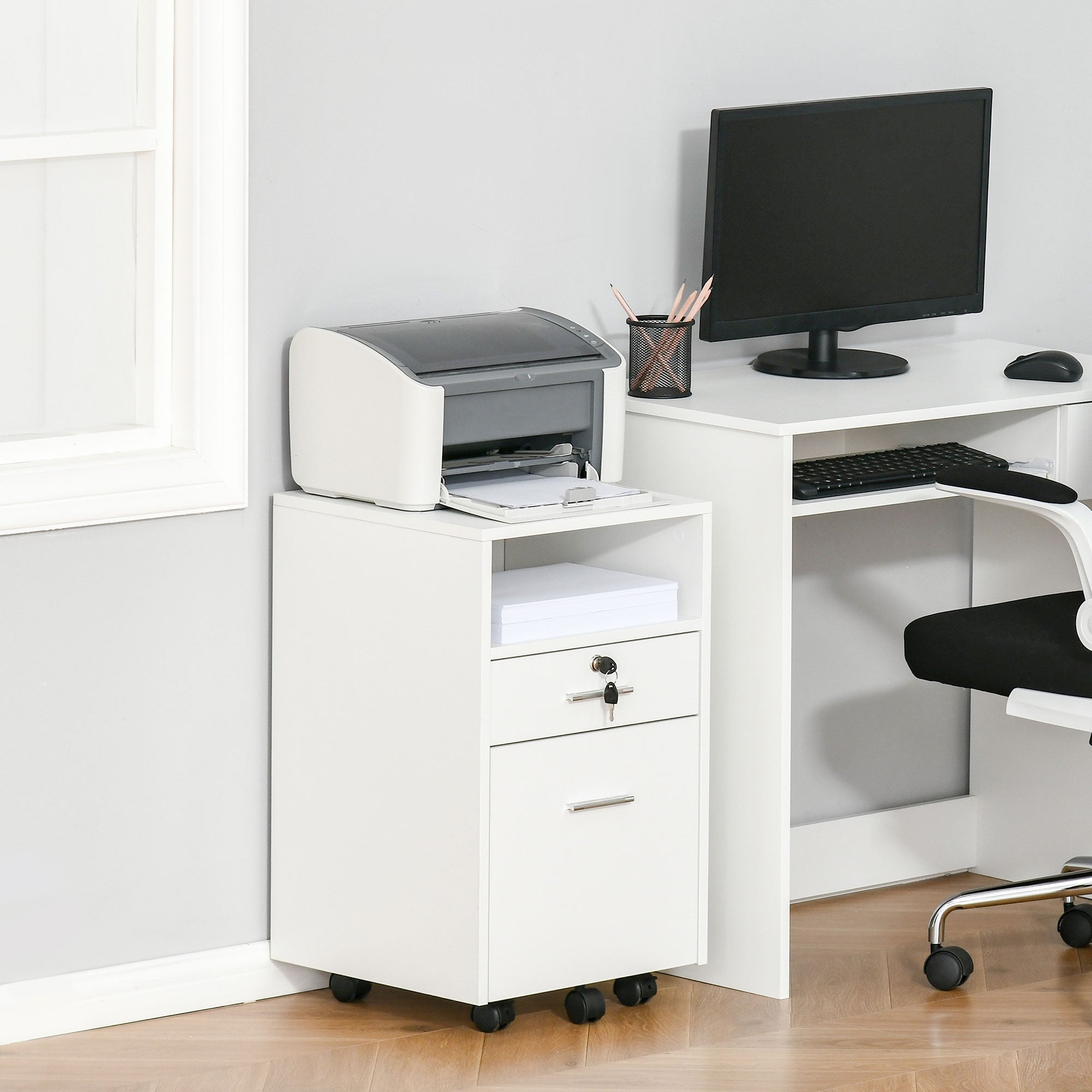 Mobile File Cabinet Lockable Storage Unit Cupboard Home Filing Furniture for Office, Bedroom and Living Room, 39.5x40x60cm, White-1