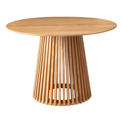 Wooden table with a unique slatted base design on a white background