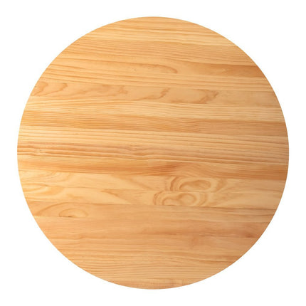 Round wooden cutting board with a subtle logo on a white background