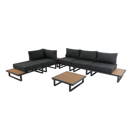 Outdoor furniture set with black cushions and wooden tables on a white background