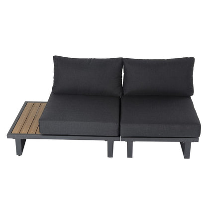 Black outdoor sofa with wooden armrest on a white background