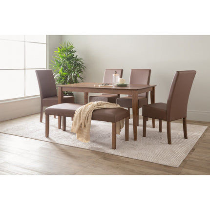 Dining room set with wooden table and chairs in a well-lit room.