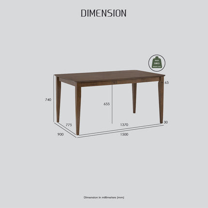 Wooden table with dimensions labeled on a gray background