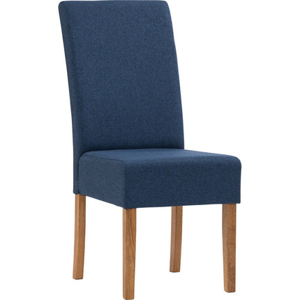 Blue upholstered chair with wooden legs on a white background