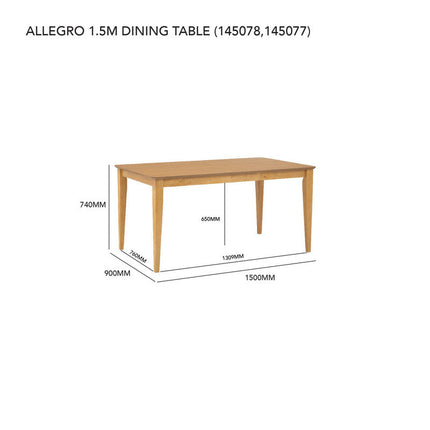 Wooden dining table with dimensions labeled on a white background