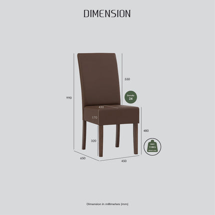 Brown chair with dimensions labeled on a gray background