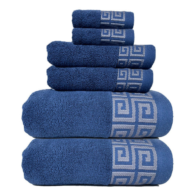 Set of blue towels with a decorative pattern on a white background