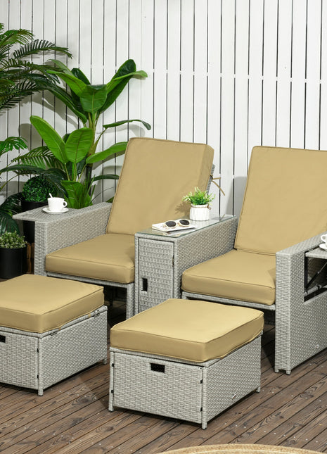 5 Piece PE Rattan Sun Lounger Set with Adjustable Recliners Beige-1