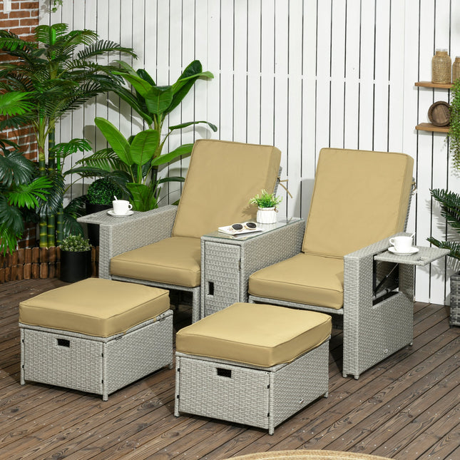 5 Piece PE Rattan Sun Lounger Set with Adjustable Recliners Beige-1