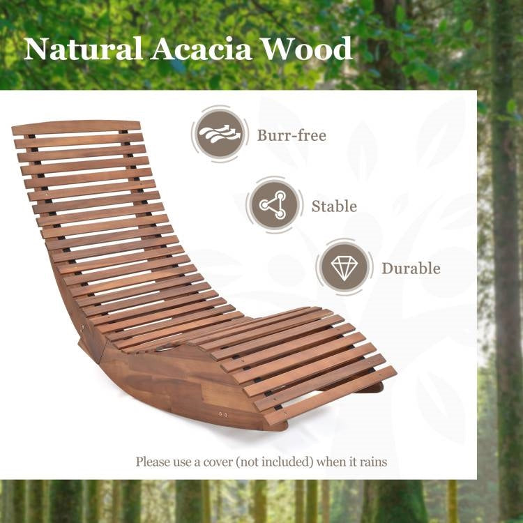 Wooden lounge chair with natural acacia wood, labeled as burr-free, stable, and durable, set against a forest background.