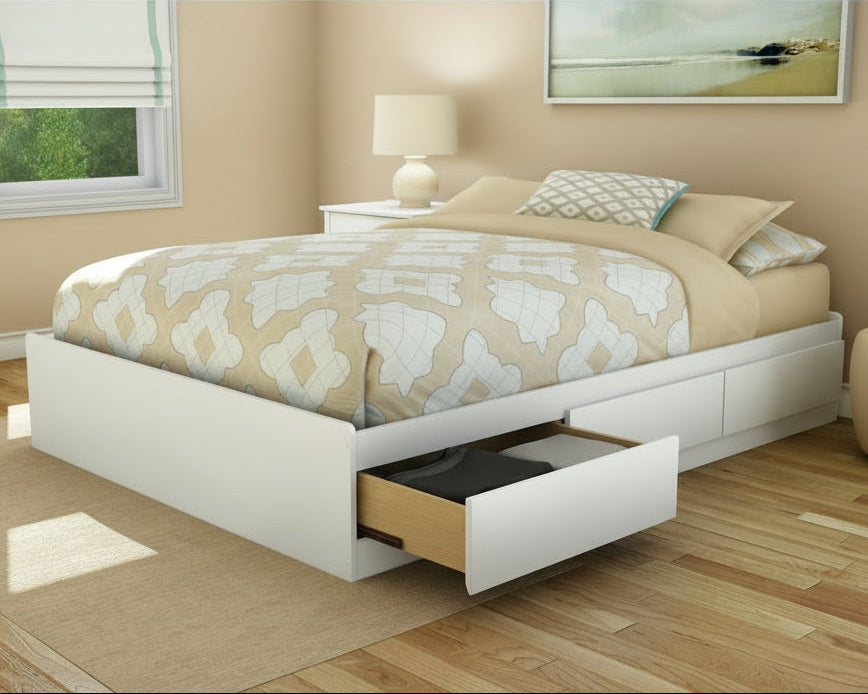 Full size Contemporary Platform Bed with 3 Storage Drawers in White-0
