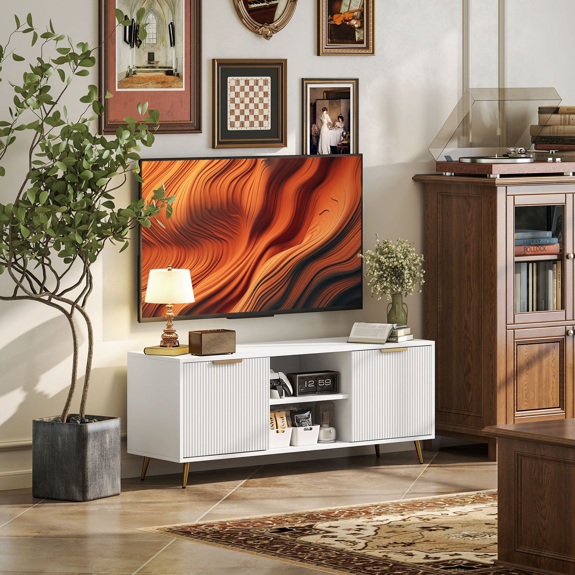 Modern living room with a white entertainment console, TV, and decorative items.