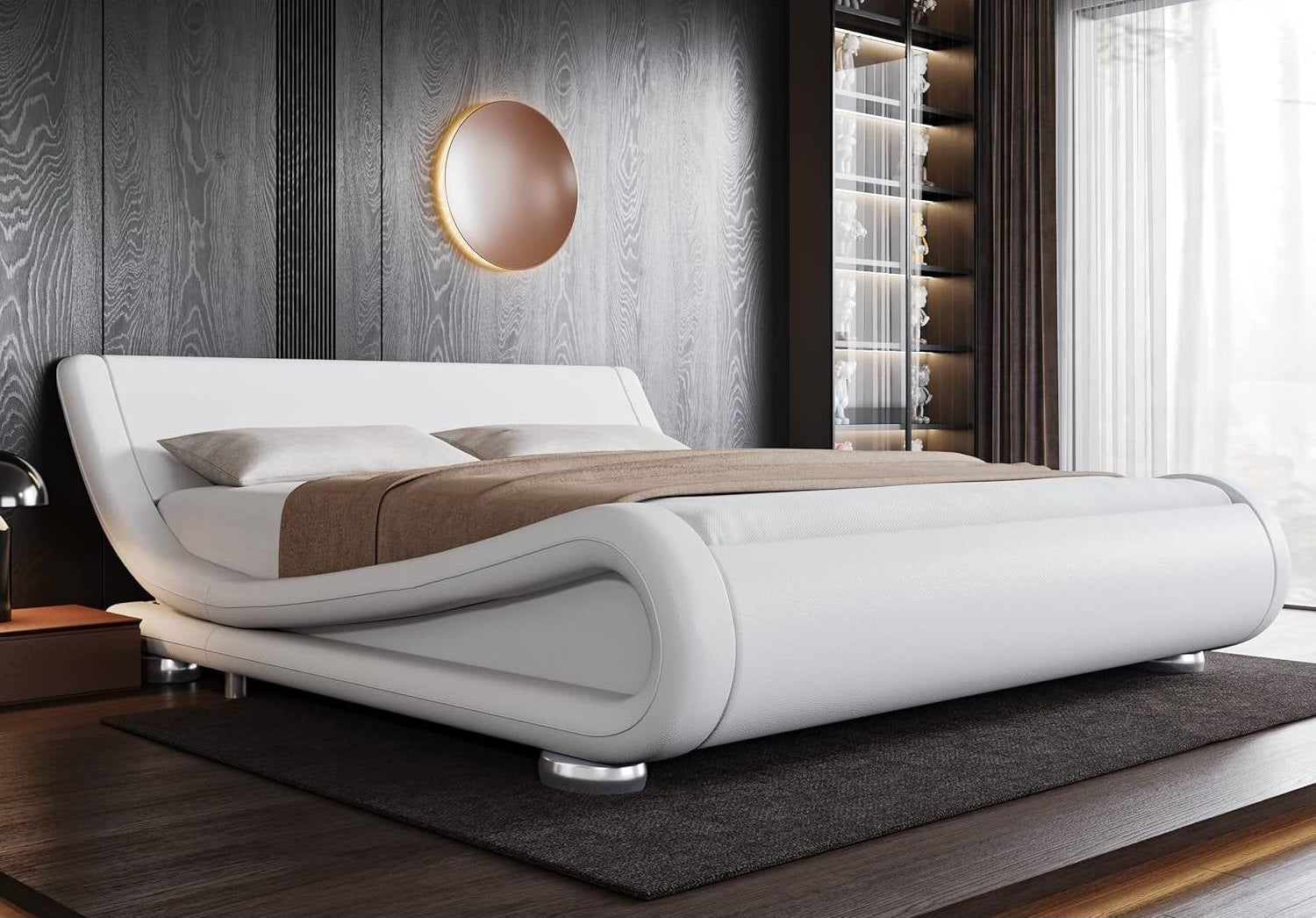 King Modern White Upholstered Platform Bed Frame with Sleigh Curved Headboard-0