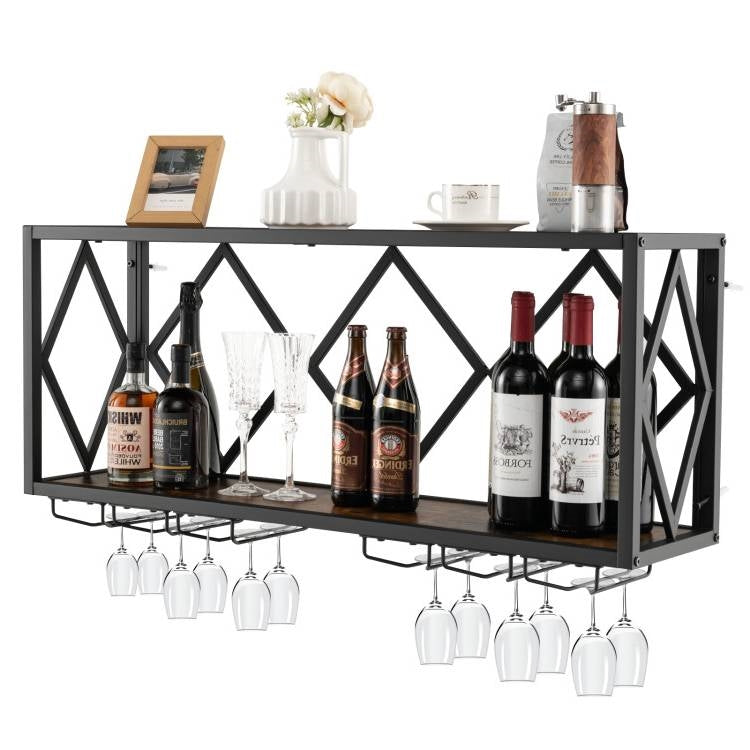 Industrial Rustic Brown Wood Metal Wall Mounted Wine Rack Shelf-0