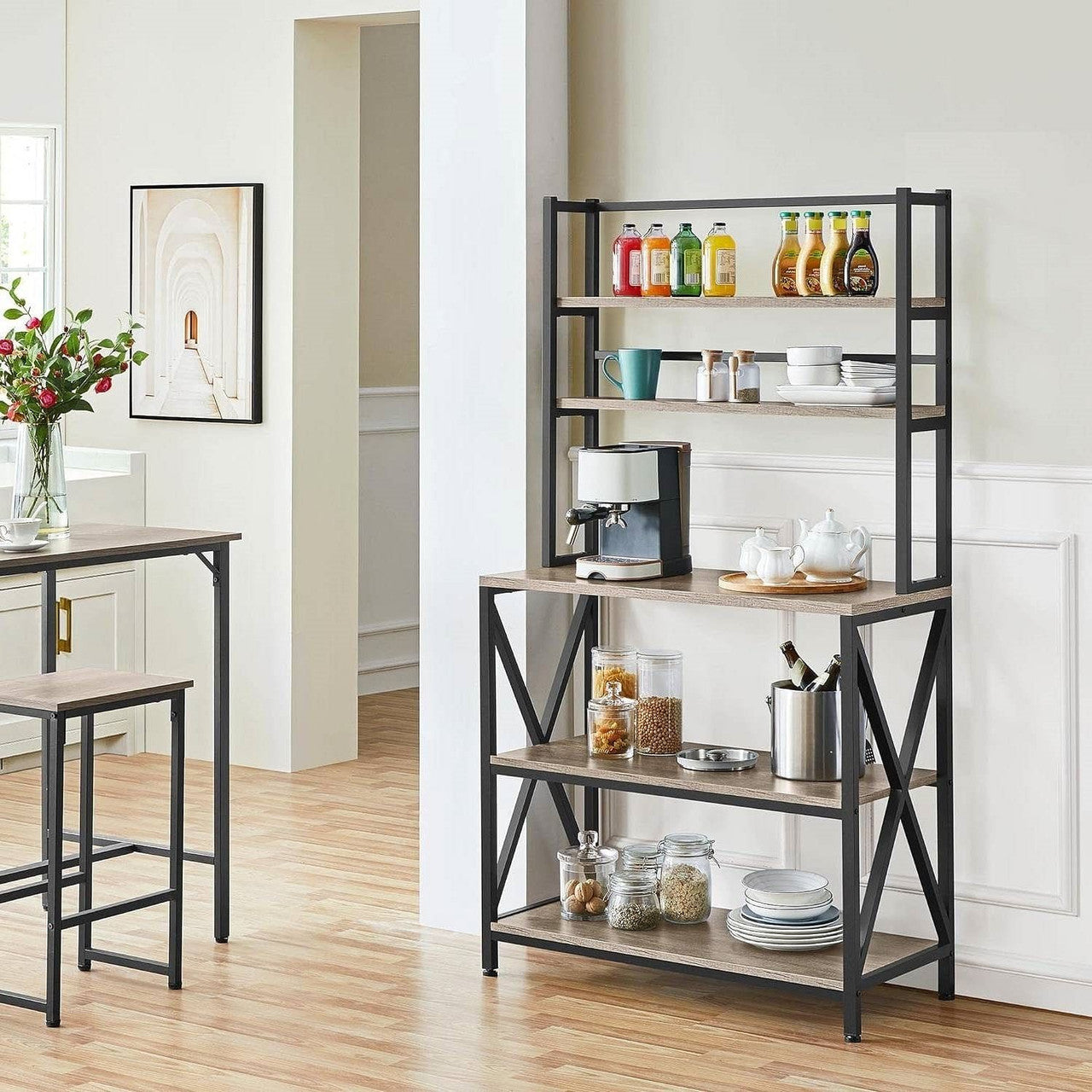 Modern Black Metal Grey Wood Bakers Rack Microwave Stand Kitchen Shelving Unit-0