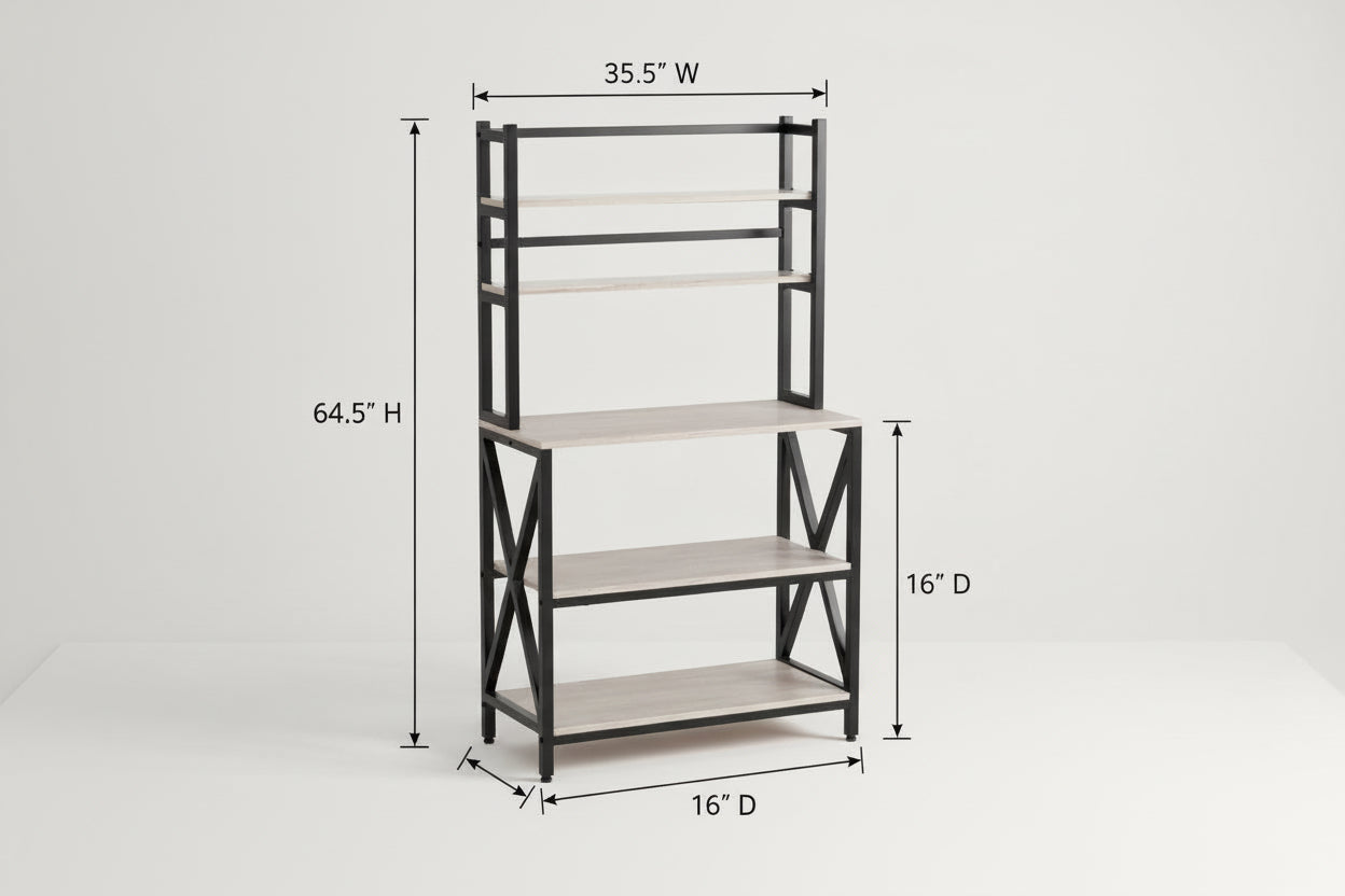 Modern Black Metal Grey Wood Bakers Rack Microwave Stand Kitchen Shelving Unit-1