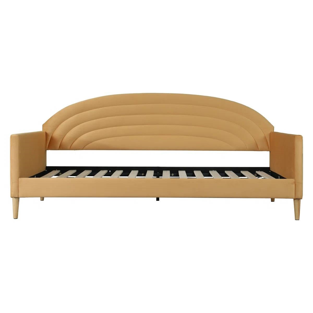 Beige upholstered bed with curved headboard on a white background