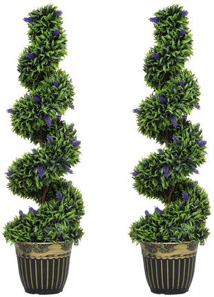 Set of 2 Decorative Artificial Plants, Boxwood Spiral Topiary Tree with Lavender and Pot, Fake Plants for Home Indoor Outdoor Decor, 115cm-0