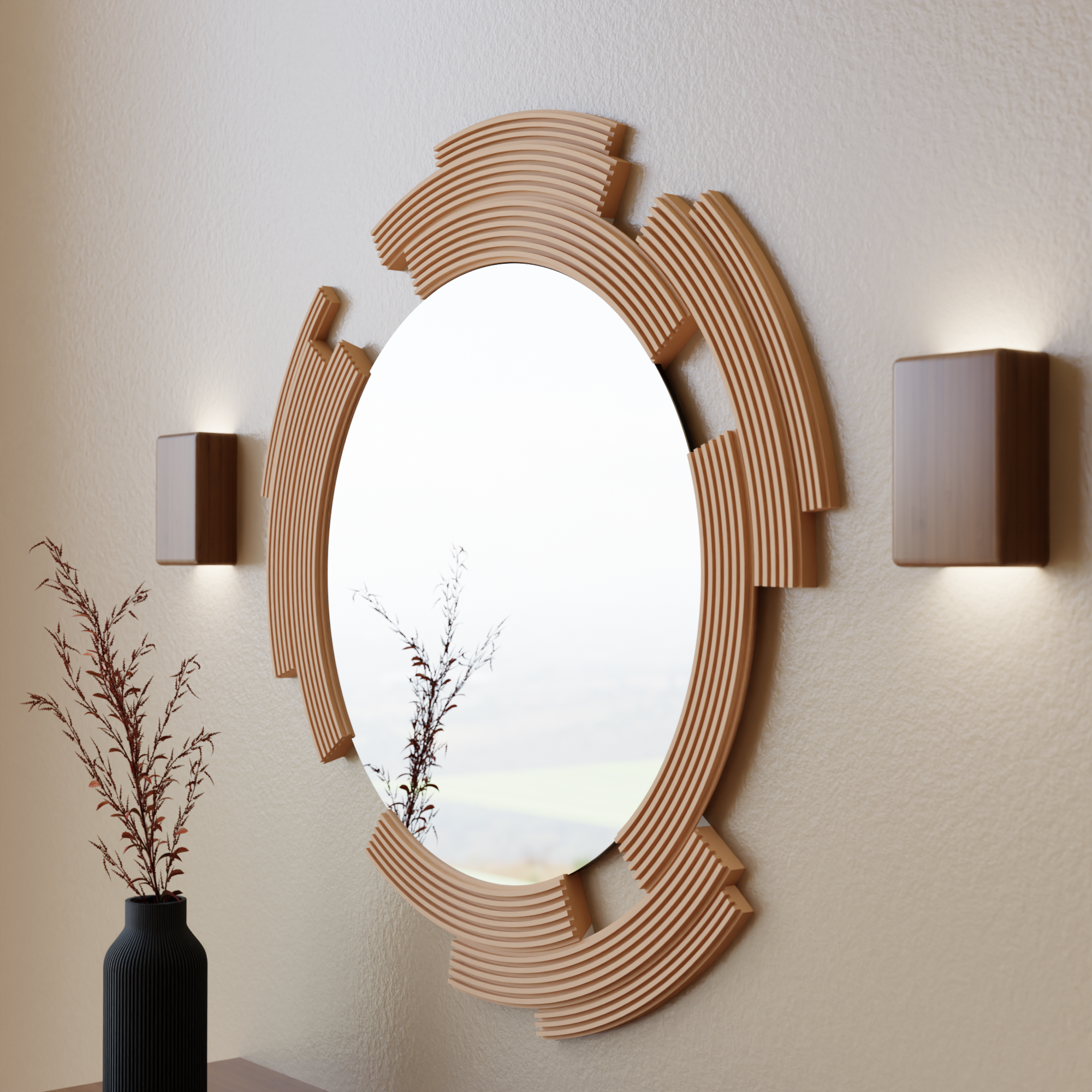 Decorative wall mirror with wooden frame on a beige wall, flanked by two wall lights.
