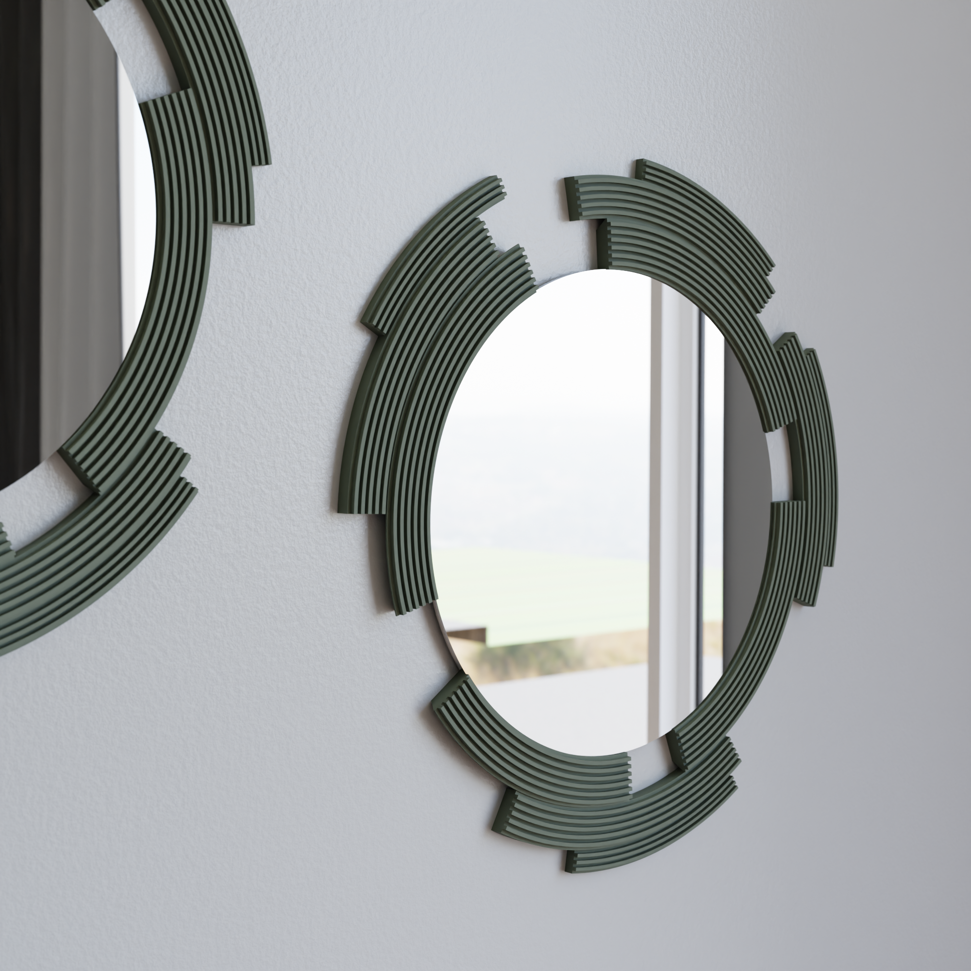 Decorative wall mirrors with geometric frames on a light gray background