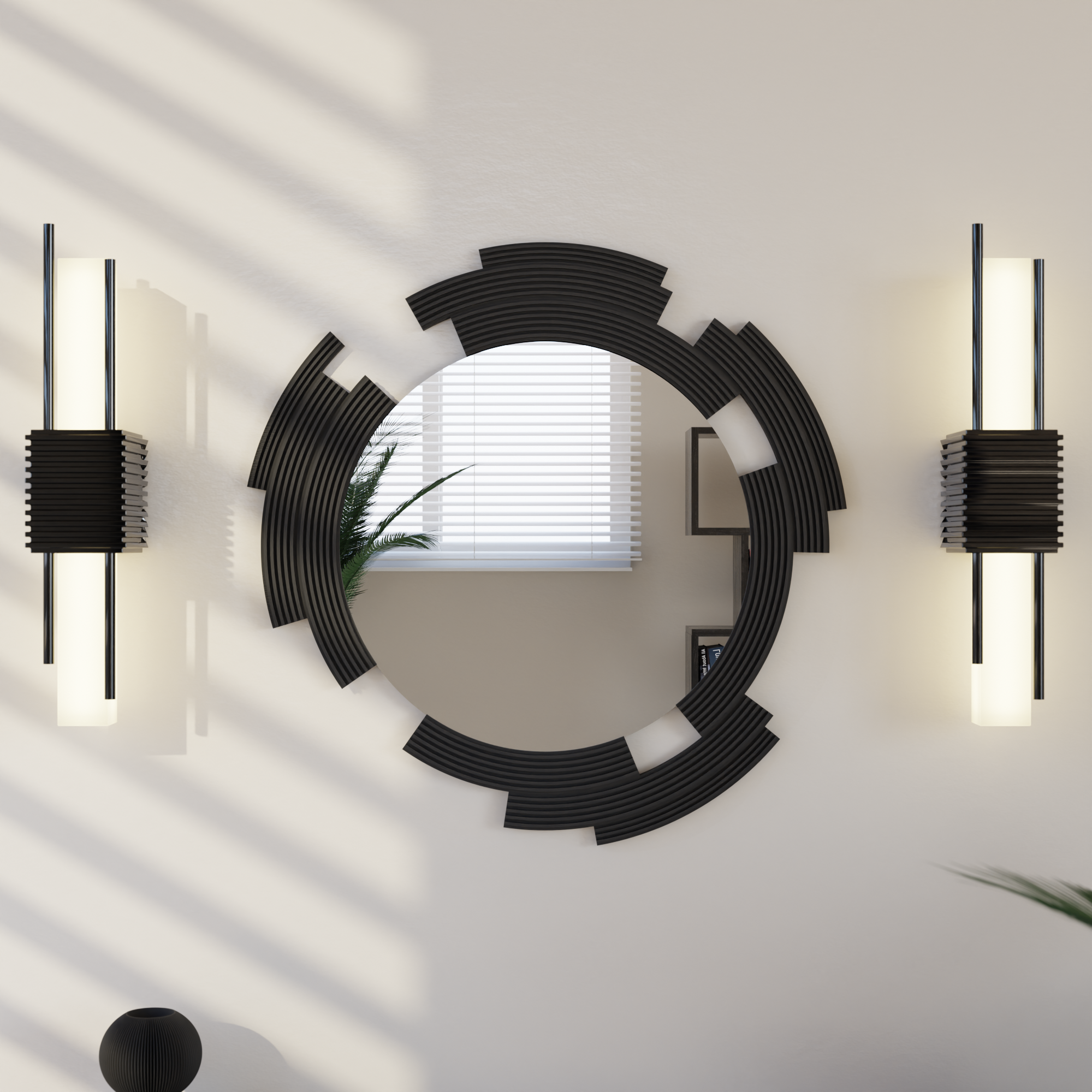 Decorative wall mirror with two modern wall lights on a light gray wall.