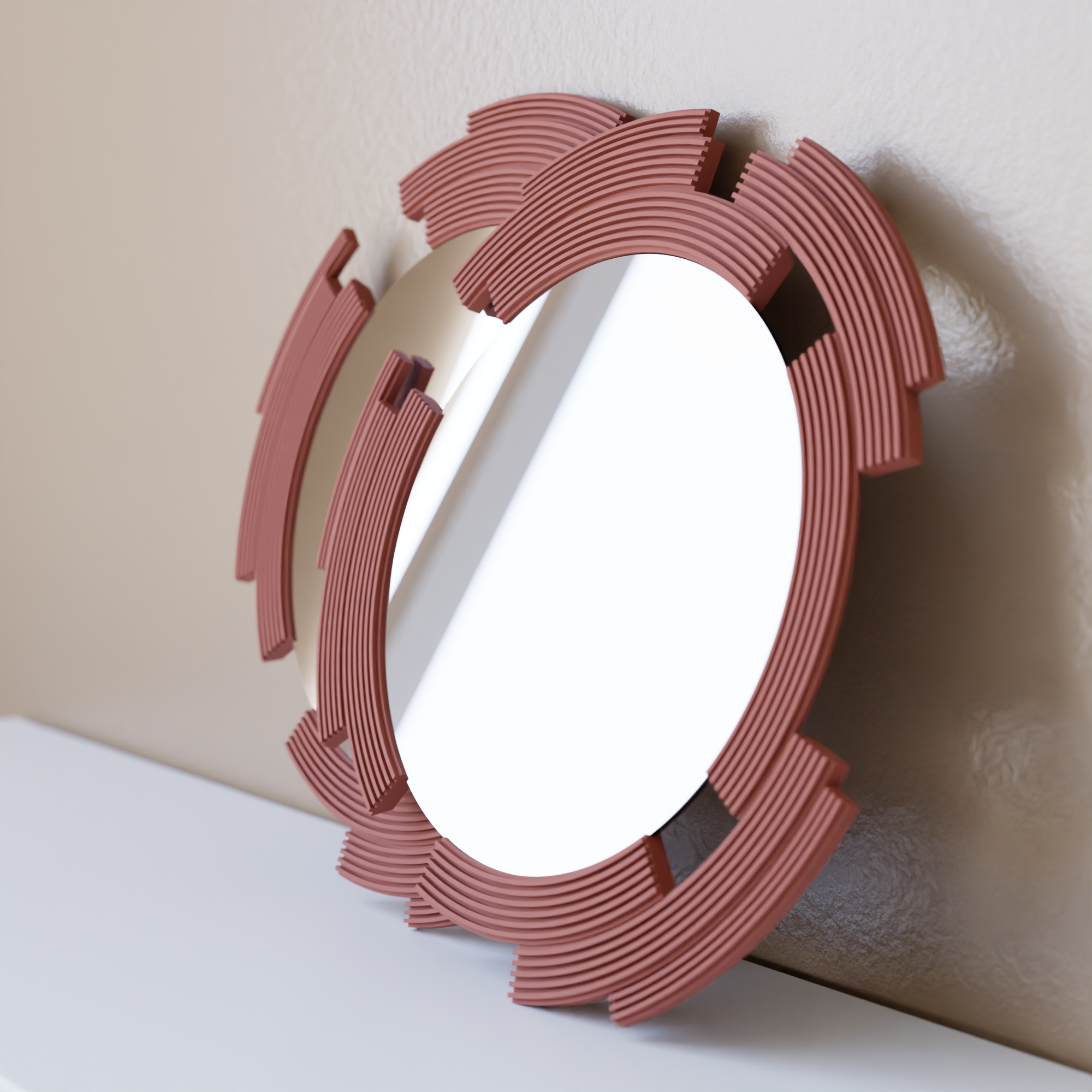 Decorative mirror with a pink, wavy frame on a neutral background